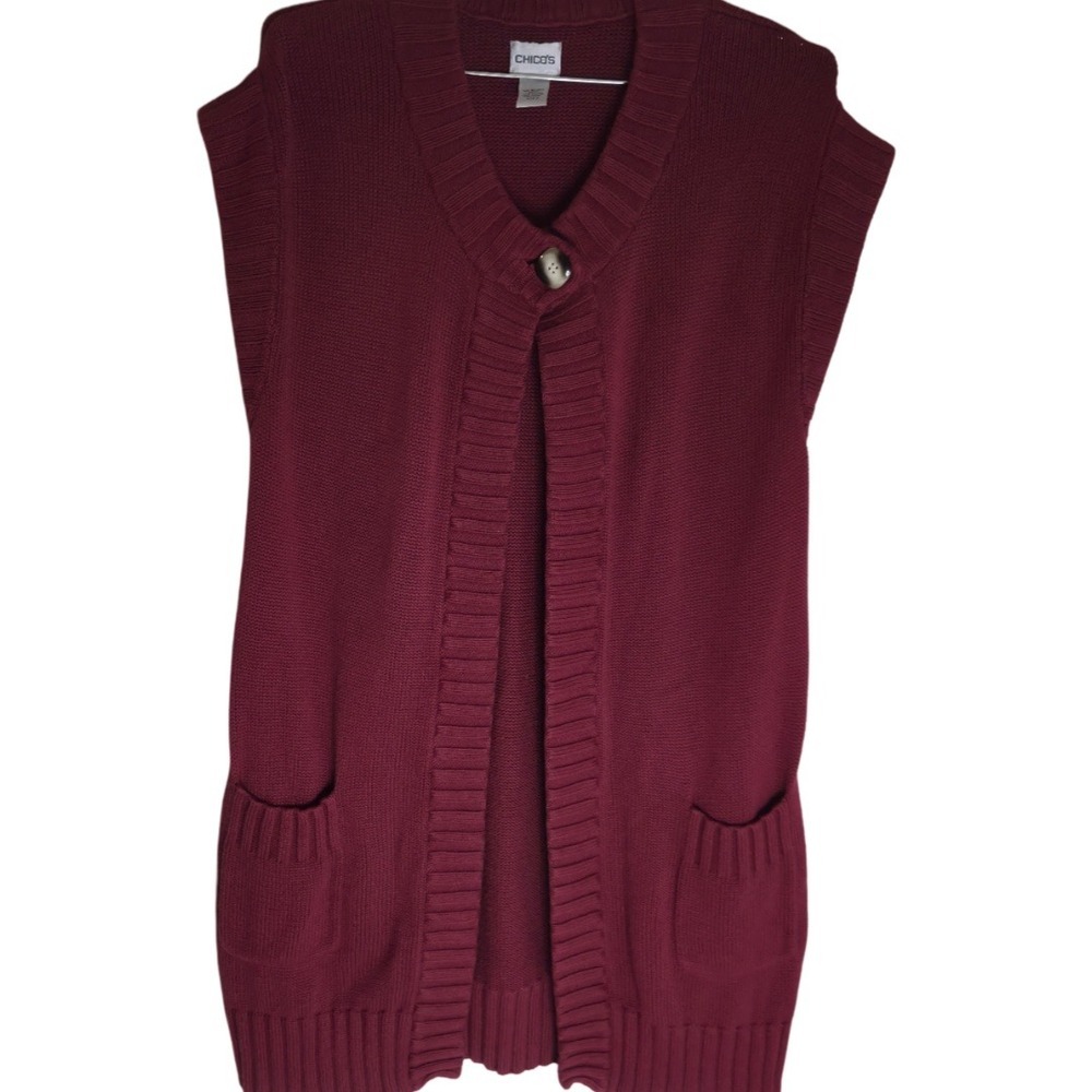 Chico's Women's Cranberry Red Sleeveless Long Duster Vest Bamboo Cotton Sz 2
